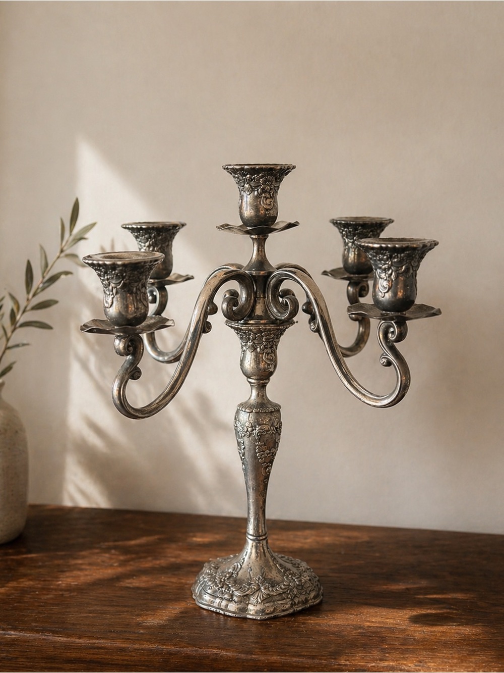Ornate Vintage Silver Plated Five-Arm Candelabra
